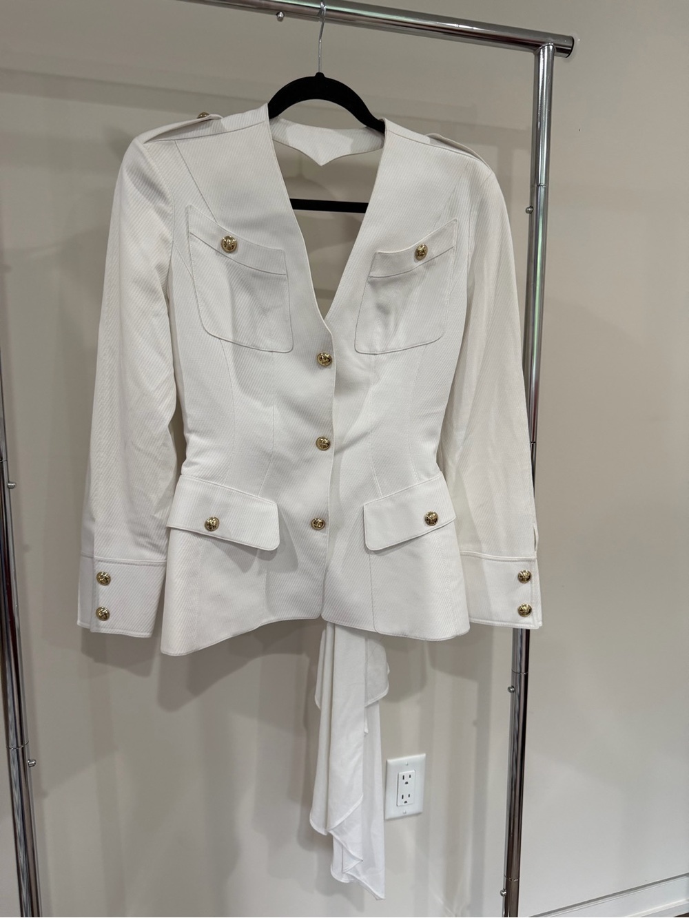 Thierry Mugler White Backless Heart Tie Gold Buttons Bridal Blazker jacket SZ 40